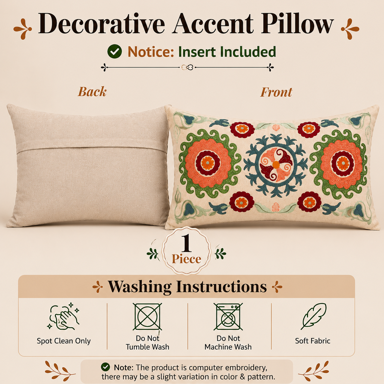 Suzani Embroidered Multicolor Lumbar Throw Pillow - 26"x 14"
