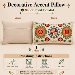Suzani Embroidered Multicolor Lumbar Throw Pillow - 26"x 14"