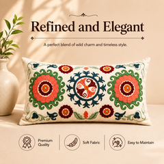 Suzani Embroidered Multicolor Lumbar Throw Pillow - 26"x 14"