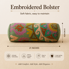 Decorative Suzani Embroidered Bolster Pillow - 21" X 8"