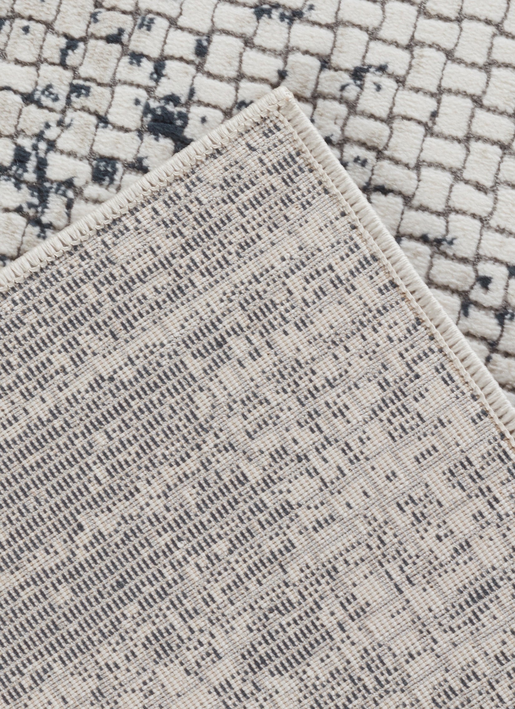 Modern Distressed Grid Textured Cream & Navy Area Rug & Runner – BT306 Cream Navy
