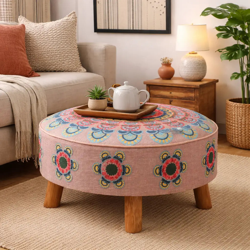 Mandala Slub Ottoman | 24x24x15"| Cotton Fabric