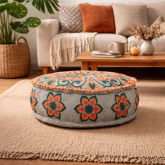 Mandala Pouf with Pompoms | 24x24x8" | Grey | Cotton Fabric