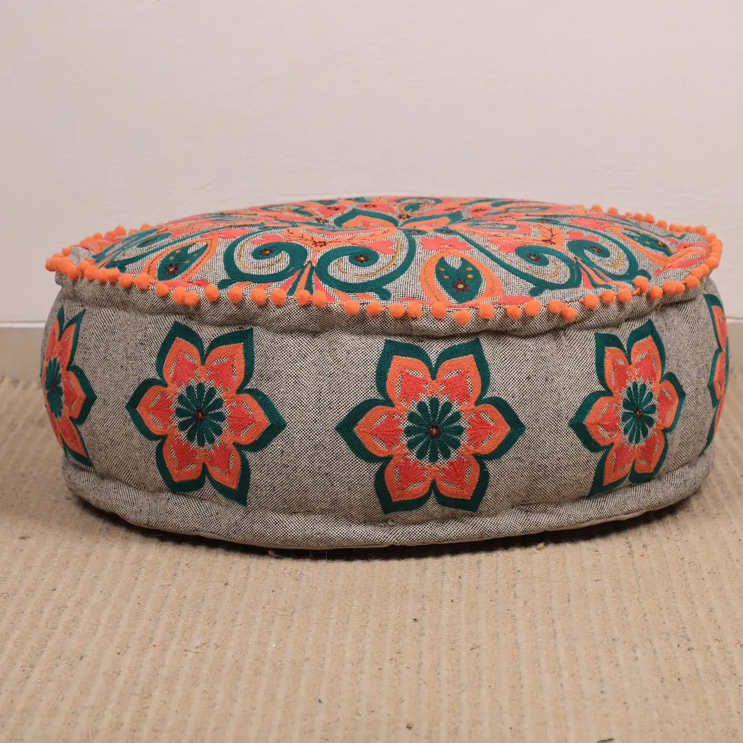 Mandala Pouf with Pompoms | 24x24x8" | Grey | Cotton Fabric