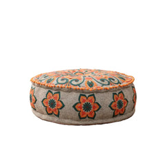 Mandala Pouf with Pompoms | 24x24x8" | Grey | Cotton Fabric