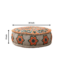Mandala Pouf with Pompoms | 24x24x8" | Grey | Cotton Fabric