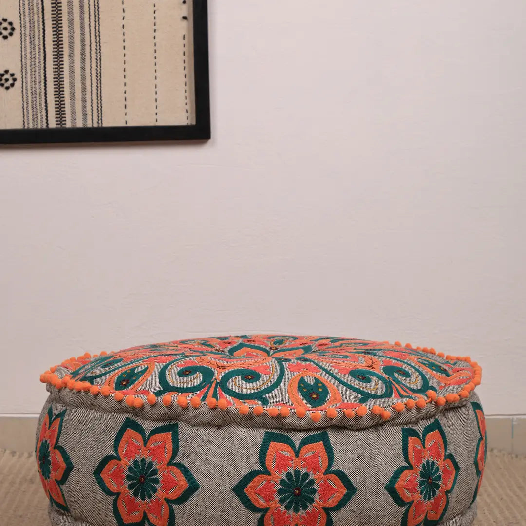 Mandala Pouf with Pompoms | 24x24x8" | Grey | Cotton Fabric