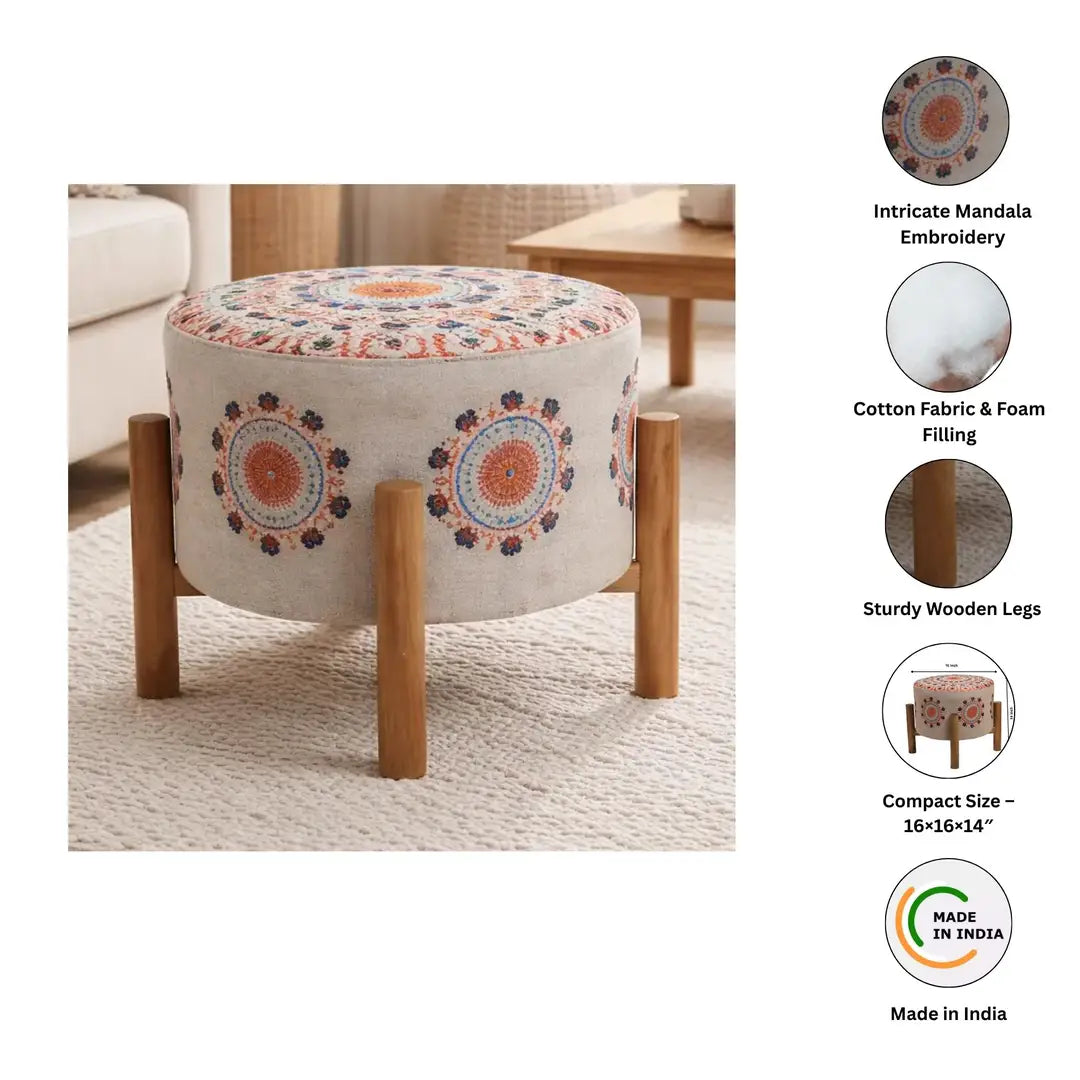Mandala Design Embroidered Stool | 16x14" | Cotton