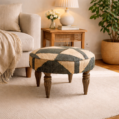 Woven Geometric Pattern Accent Stool | 24x16.5" | Jute Fabric