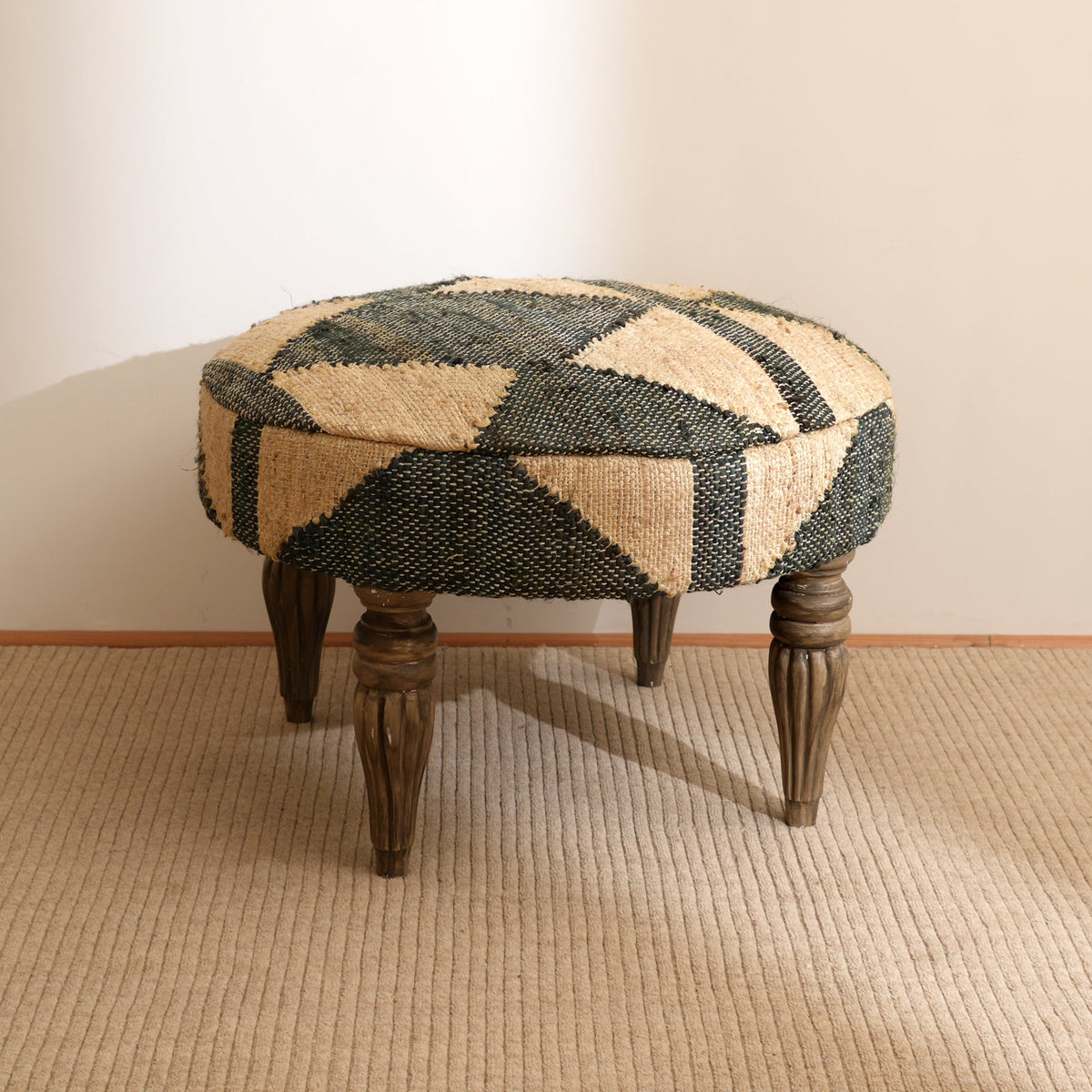 Woven Geometric Pattern Accent Stool | 24x16.5" | Jute Fabric