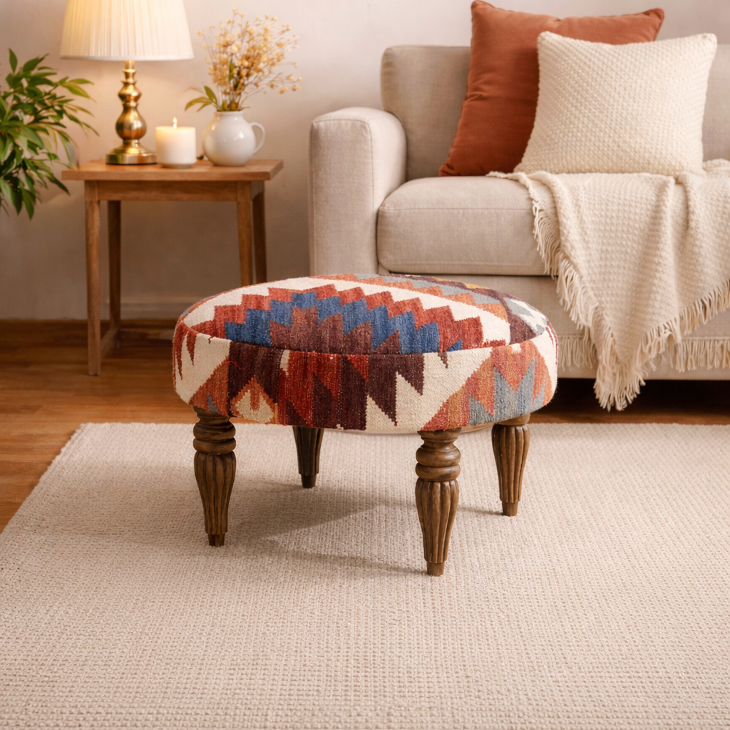 Tribal Kilim Pattern Footstool | 24x16.5" | Jute Fabric