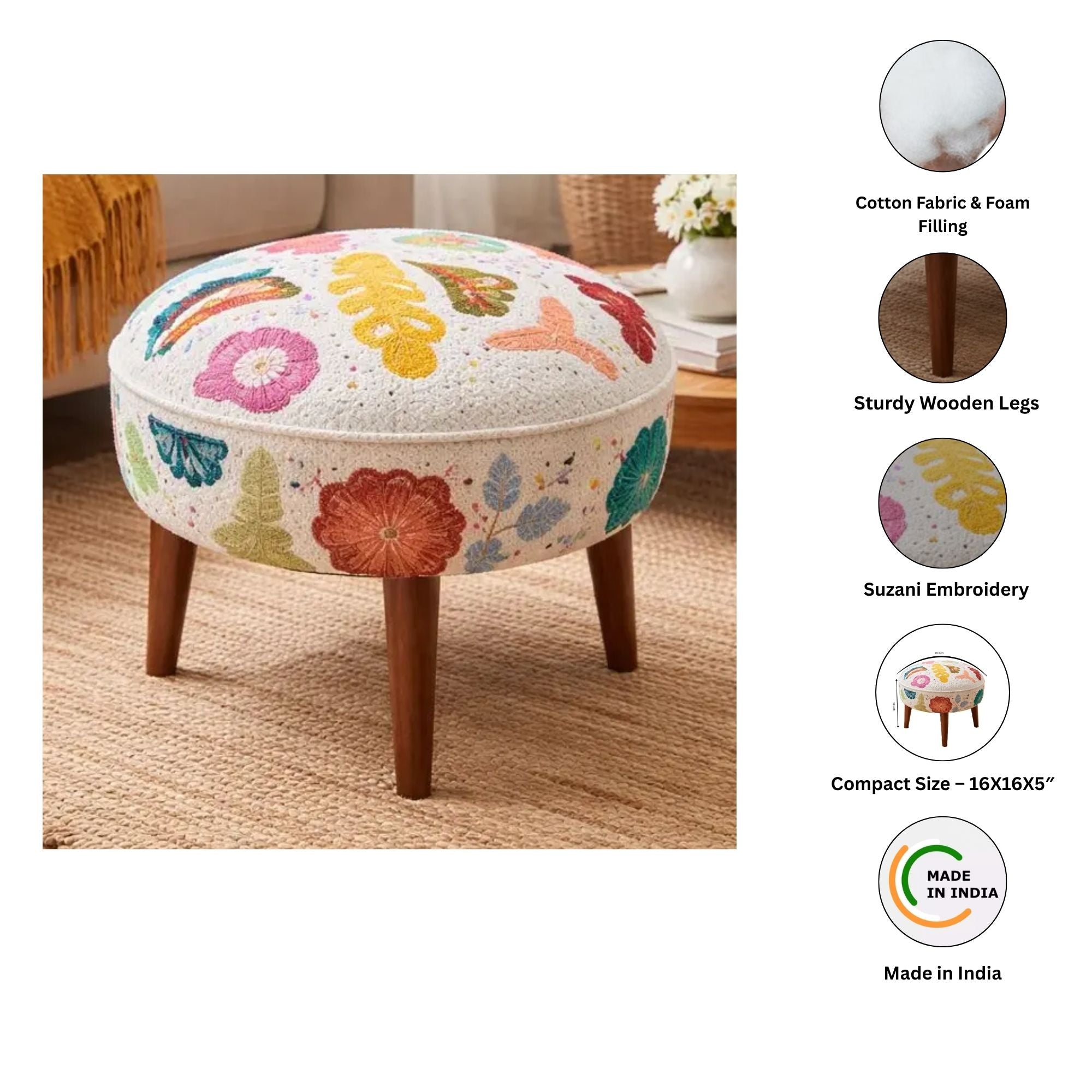 Suzani Patterned Accent Stool | 20x18" | White Cotton Fabric