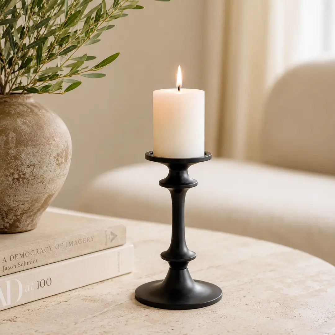 Modern Black Aluminum Candle Holder for Home Decor, 8 Inches