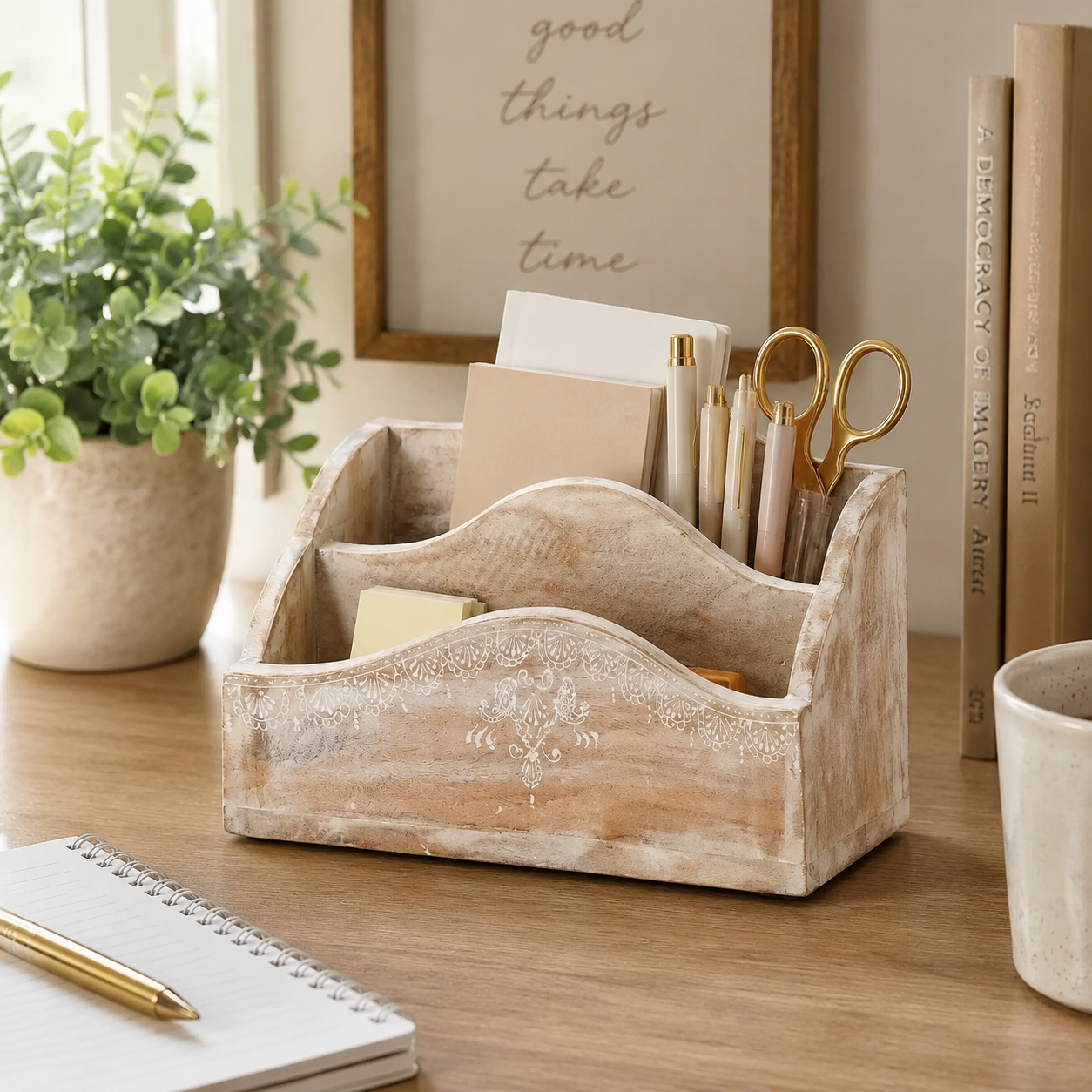 Desk Organiser | Handmade | Mango Wood | Whitewash