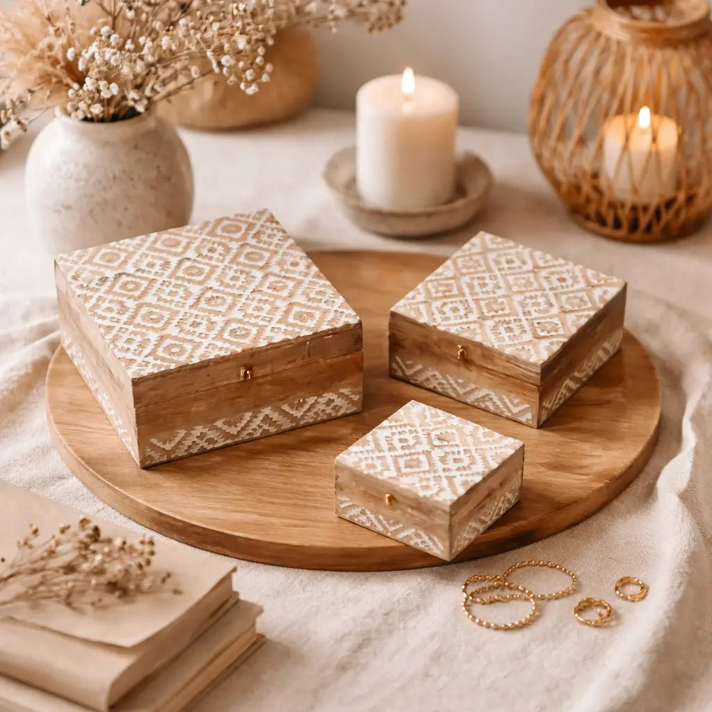 Decorative Nested Boxes Set of 3 | Hand Carved | Mango Wood