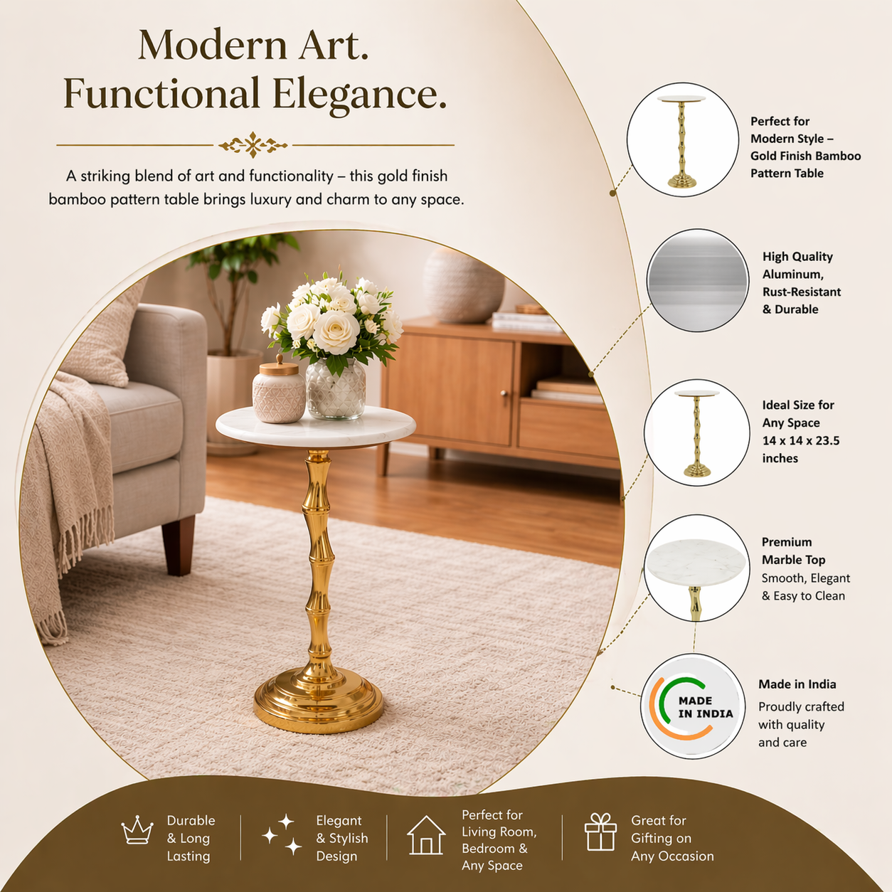 Bamboo Texture Side Table | White Marble Top | Aluminum Base