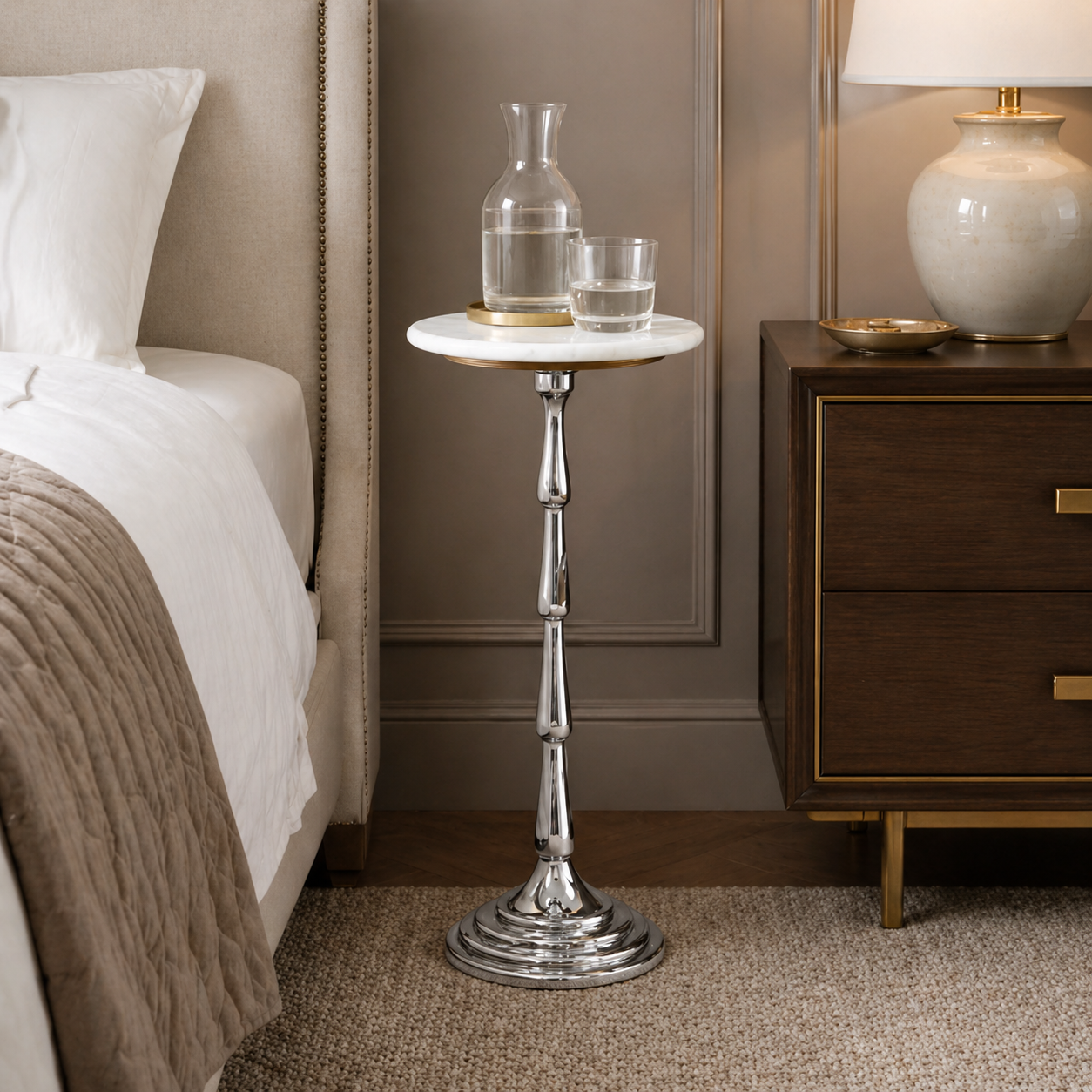 Drink Table with White Marble Top | Aluminum Base