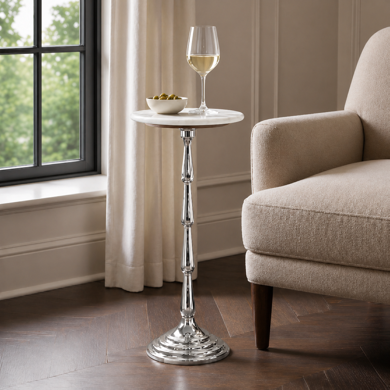 Drink Table with White Marble Top | Aluminum Base