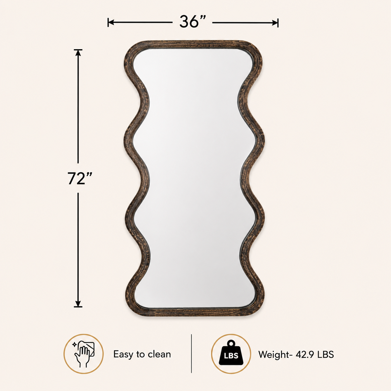Wavy Full-Length Floor Mirror with Mango Wood Frame, 36x72"