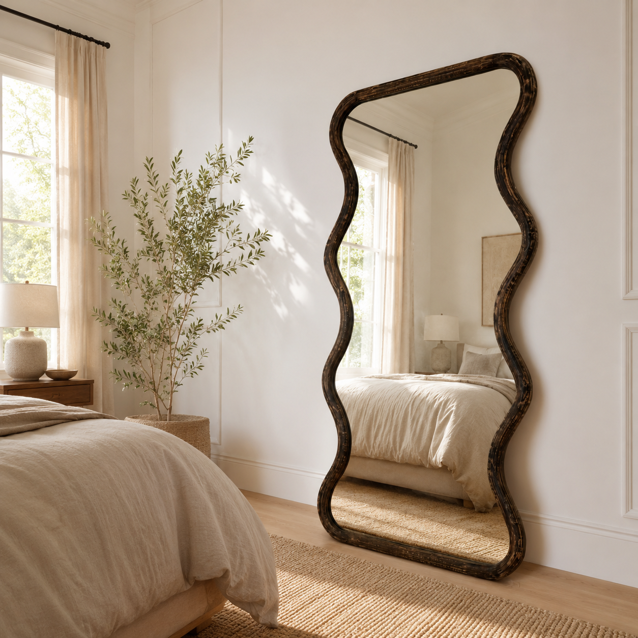 Wavy Full-Length Floor Mirror with Mango Wood Frame, 36x72"