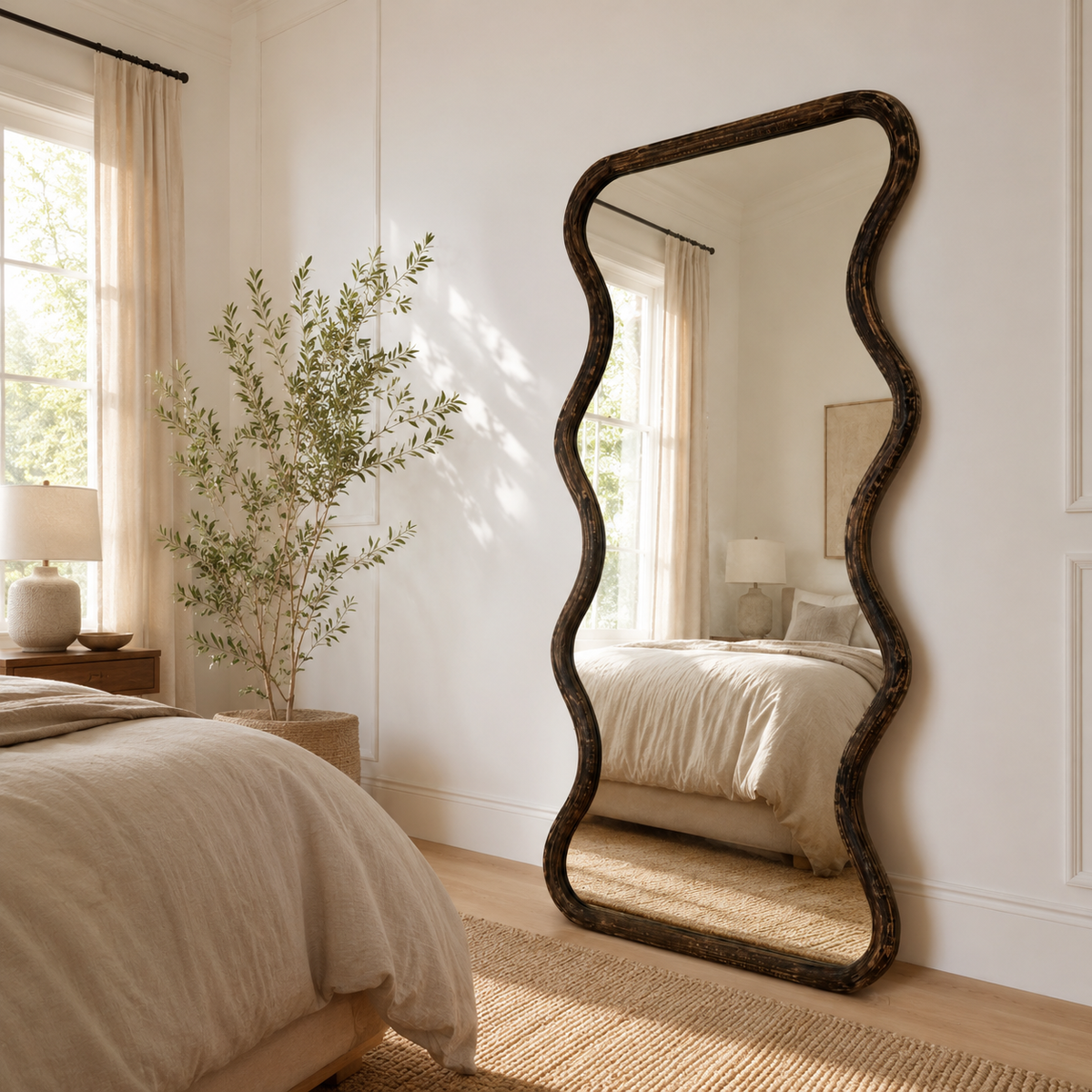 Wavy Full-Length Floor Mirror with Mango Wood Frame, 36x72"