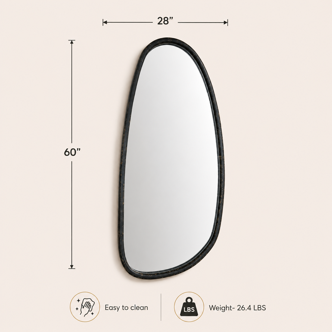 Wall Mirror with Blackwash Mango Wood Frame, Black, 28x60"