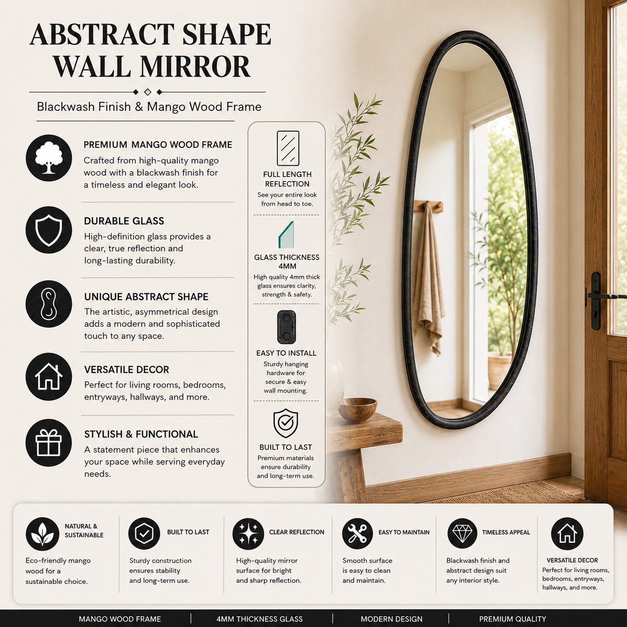 Wall Mirror with Blackwash Mango Wood Frame, Black, 28x60"