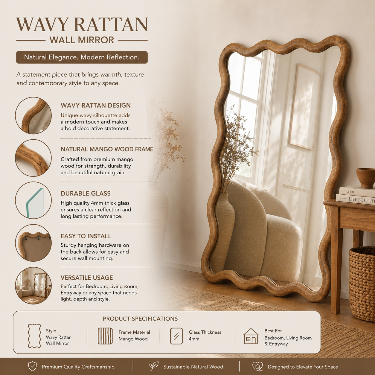 Decorative Wavy Floor Mirror with Mango Wood Frame, 36x48"