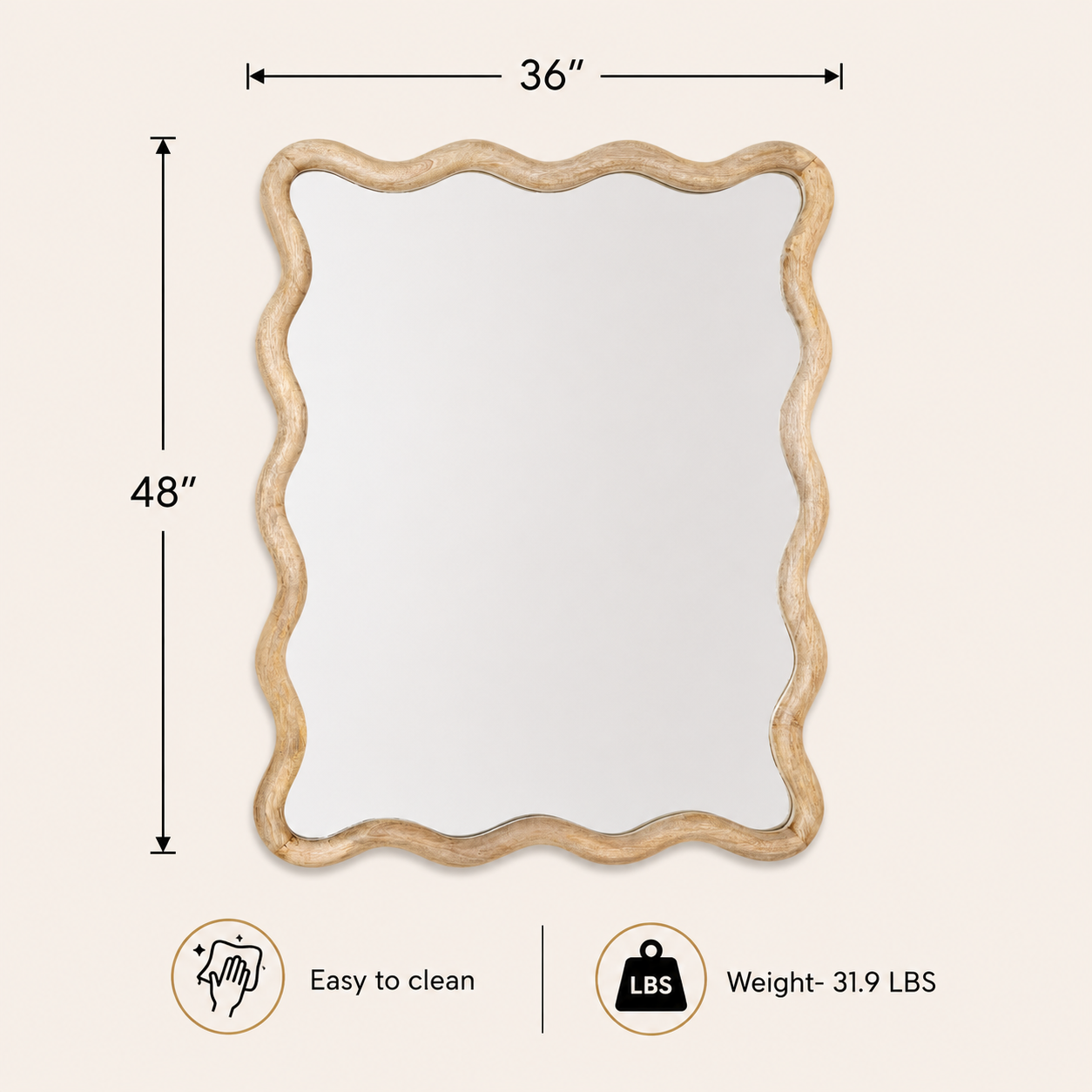 Decorative Wavy Floor Mirror with Mango Wood Frame, 36x48"