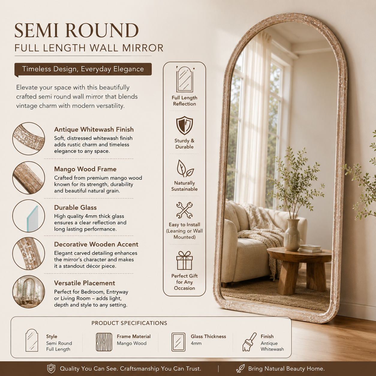Arched Full Length Floor Mirror with Mango Wood Frame, 36x72"