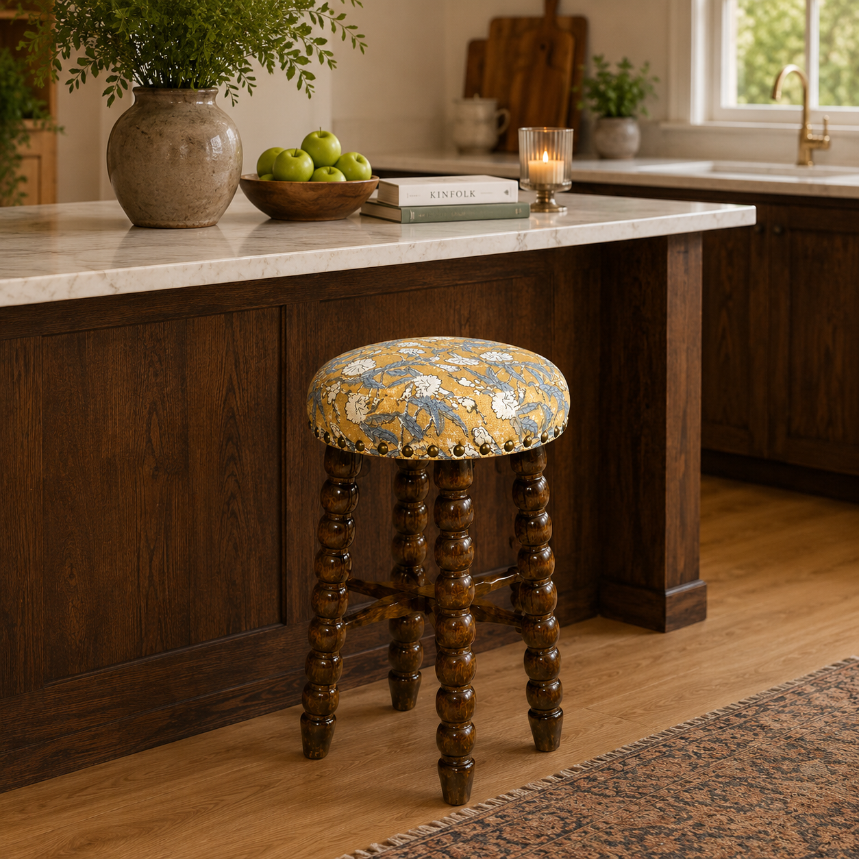 Spindle Upholstered Bar Stool with Solid Acacia Wood