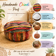 Round Pouf Ottoman | Handmade Floor Cushion Puff Seat, 22x8"