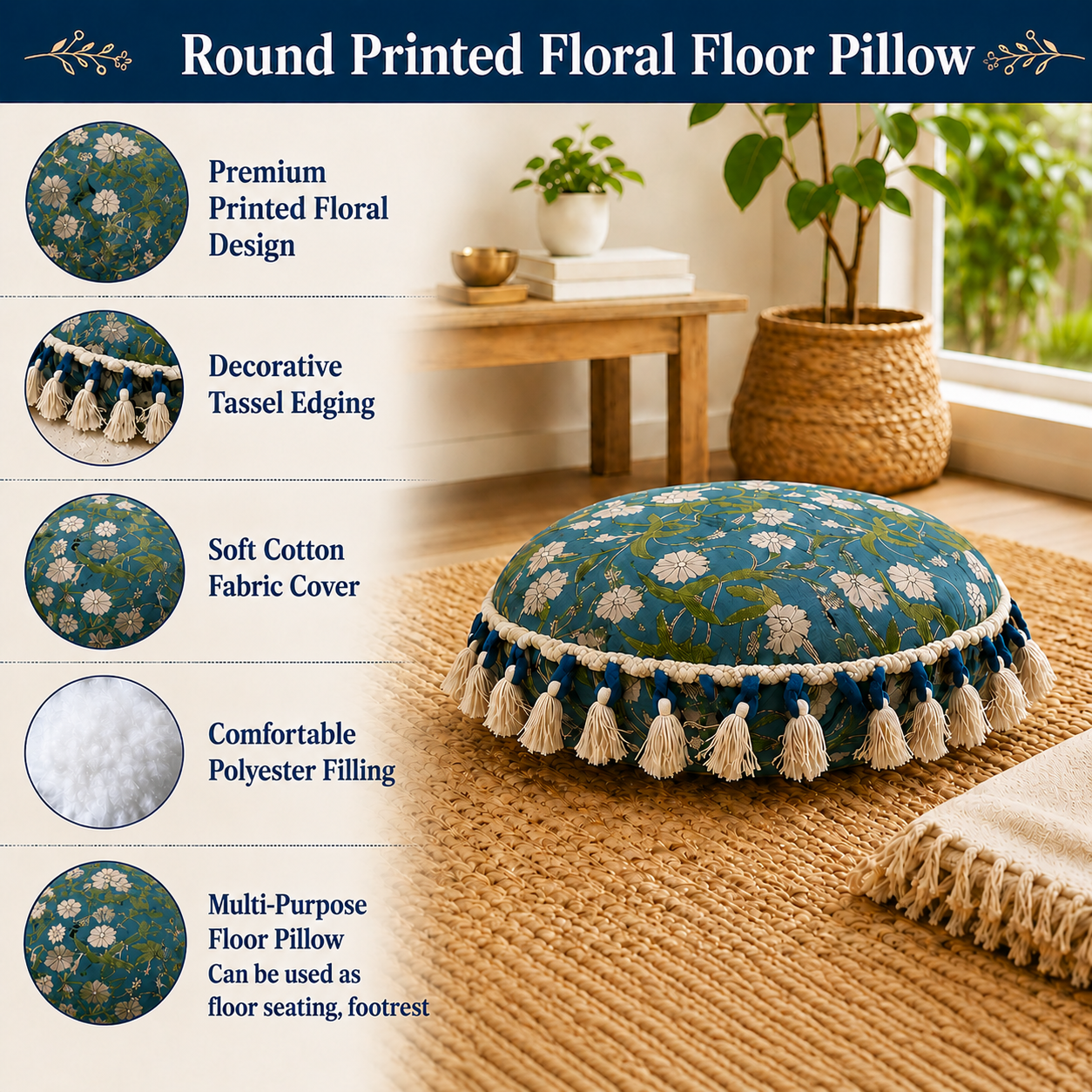 Printed Round Floor Pillow with Tassels, 20x20x3.5"