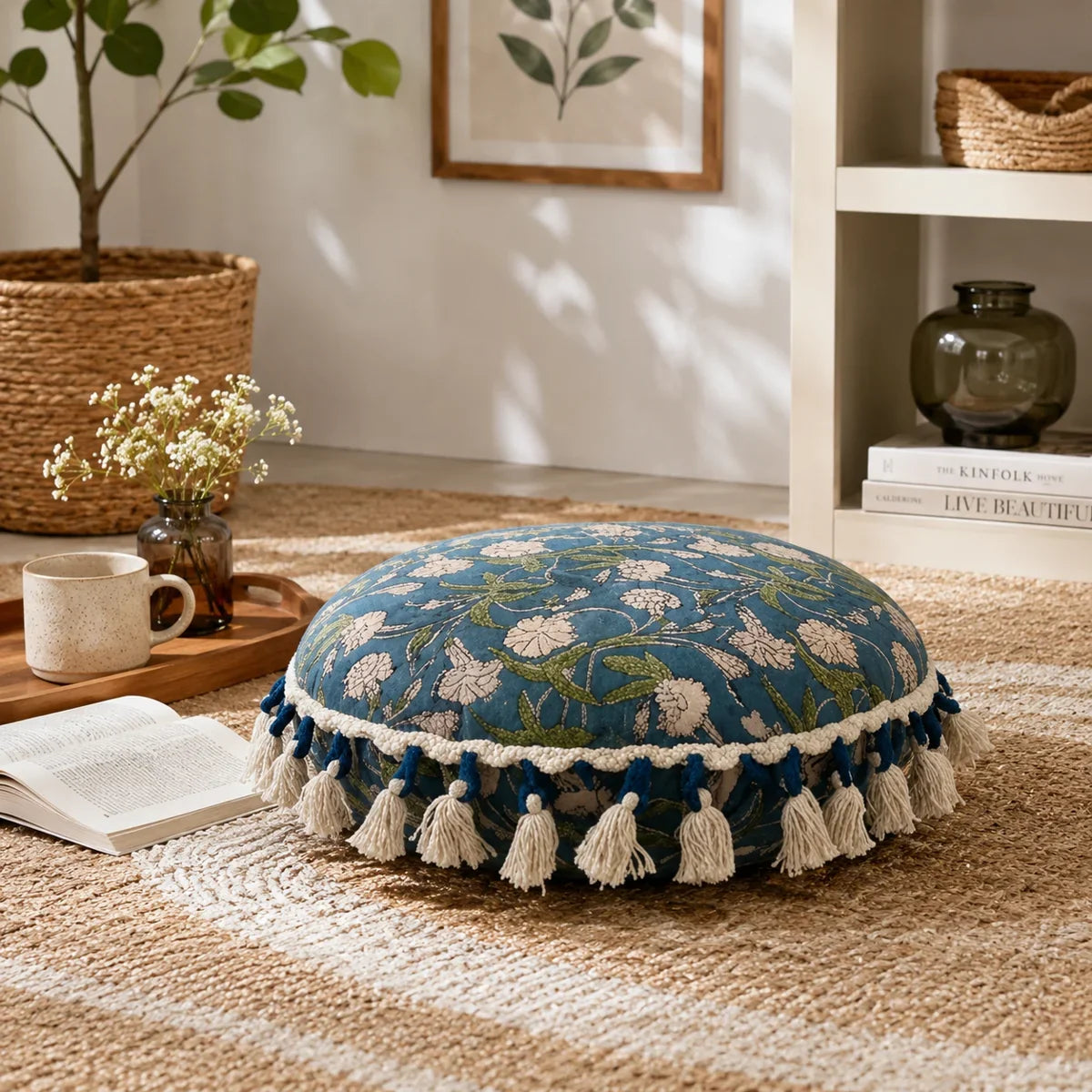 Printed Round Floor Pillow with Tassels, 20x20x3.5"