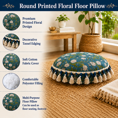 Printed Round Floor Pillow with Tassels, 20x20x3.5"