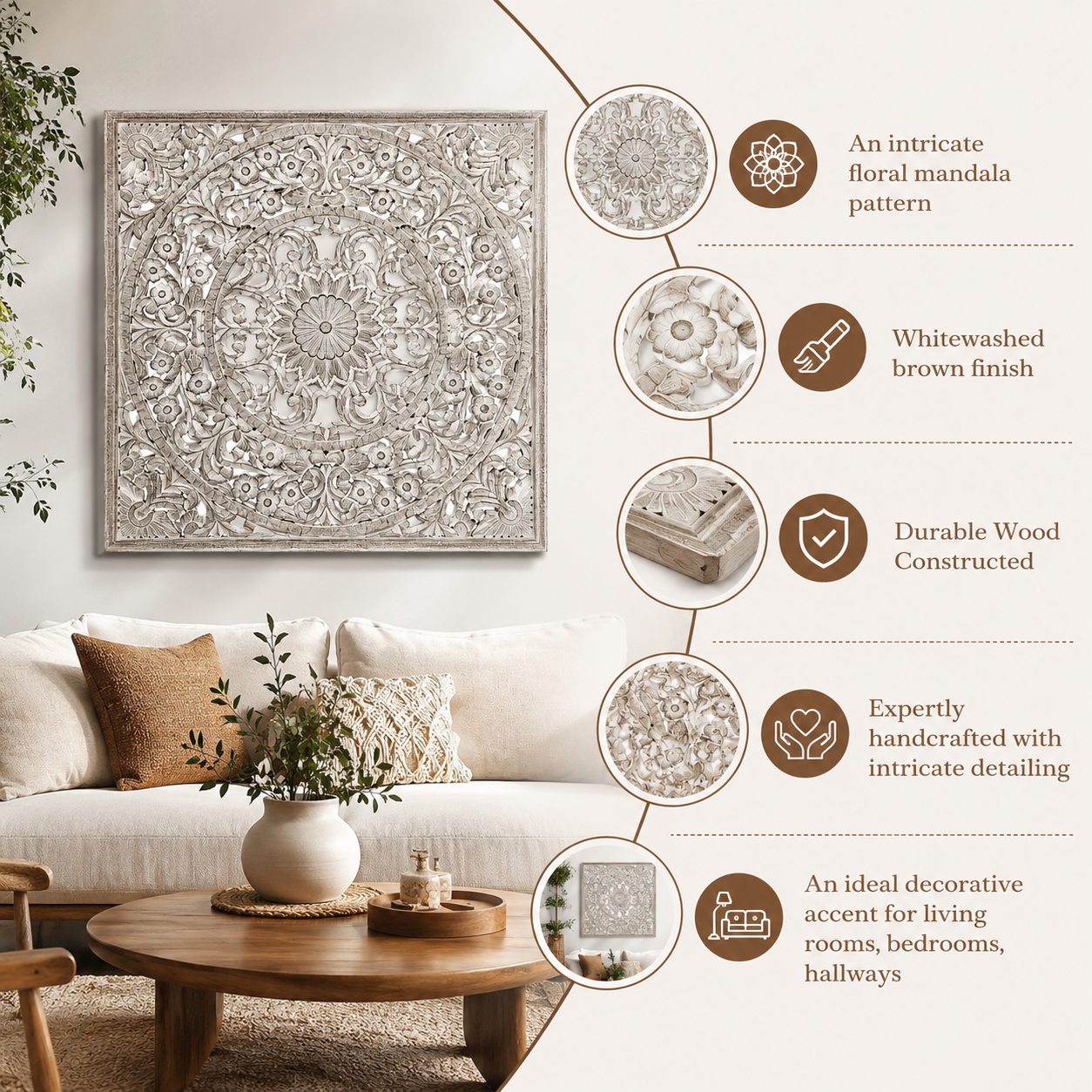Mandala Hand Carved Wall Decor | Wooden Wall Art, 48 x 48"