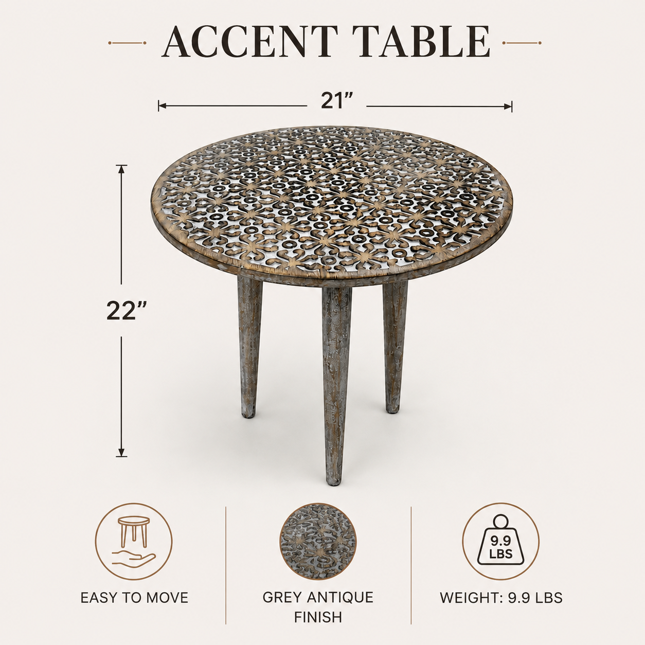 Handmade Mango Wood Round Accent Table, 21x21x22", Knockdown