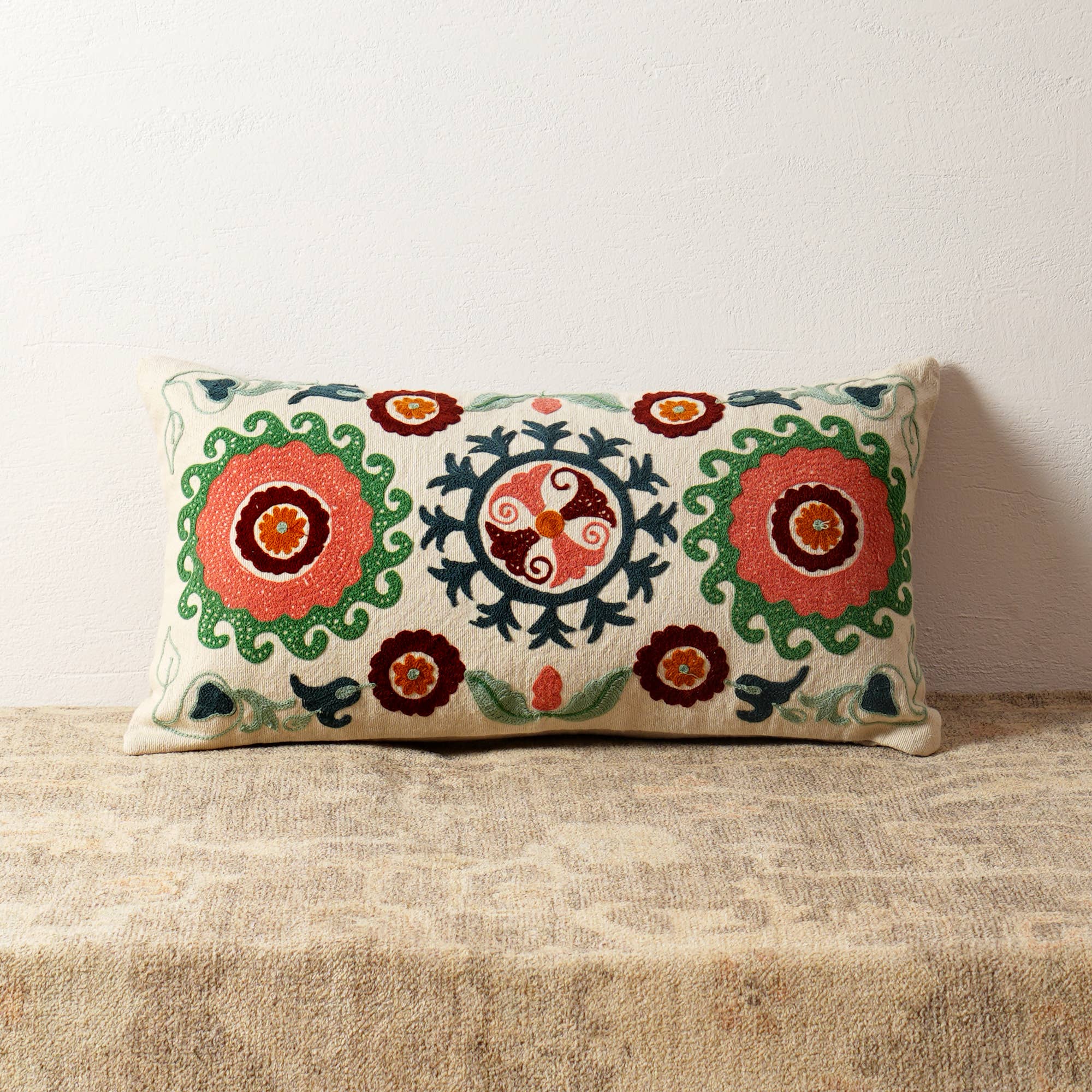 Suzani Embroidered Multicolor Lumbar Throw Pillow - 26"x 14"