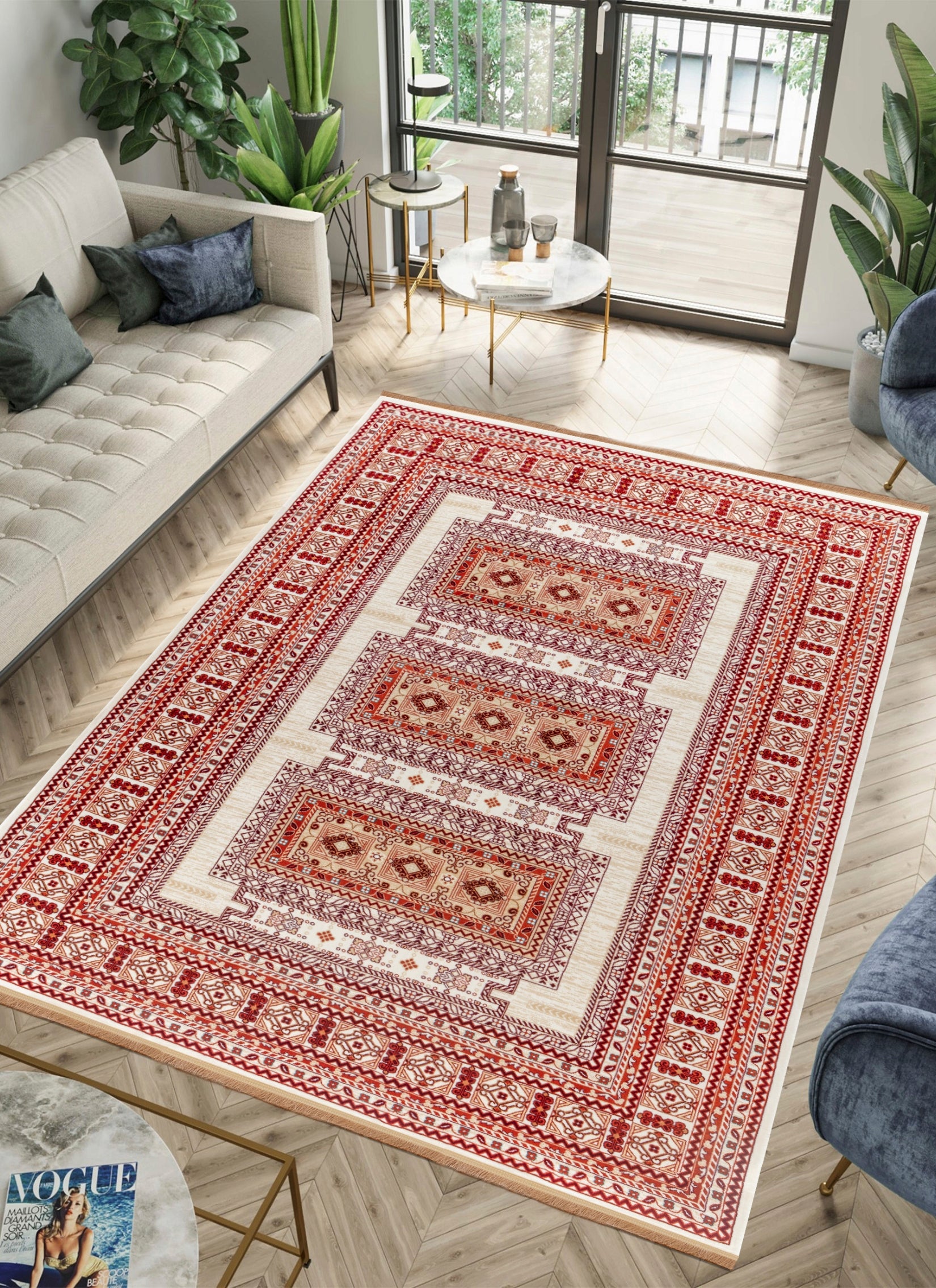 Traditional Tribal Turkmen Geometric Panel Cream Area Rug & Runner – E851B Cream