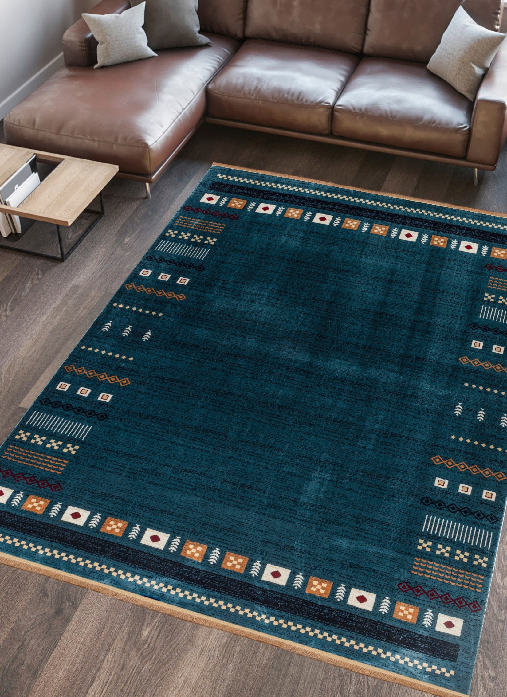 Modern Tribal Gabbeh Bordered Solid Blue Area Rug & Runner – B744A Blue