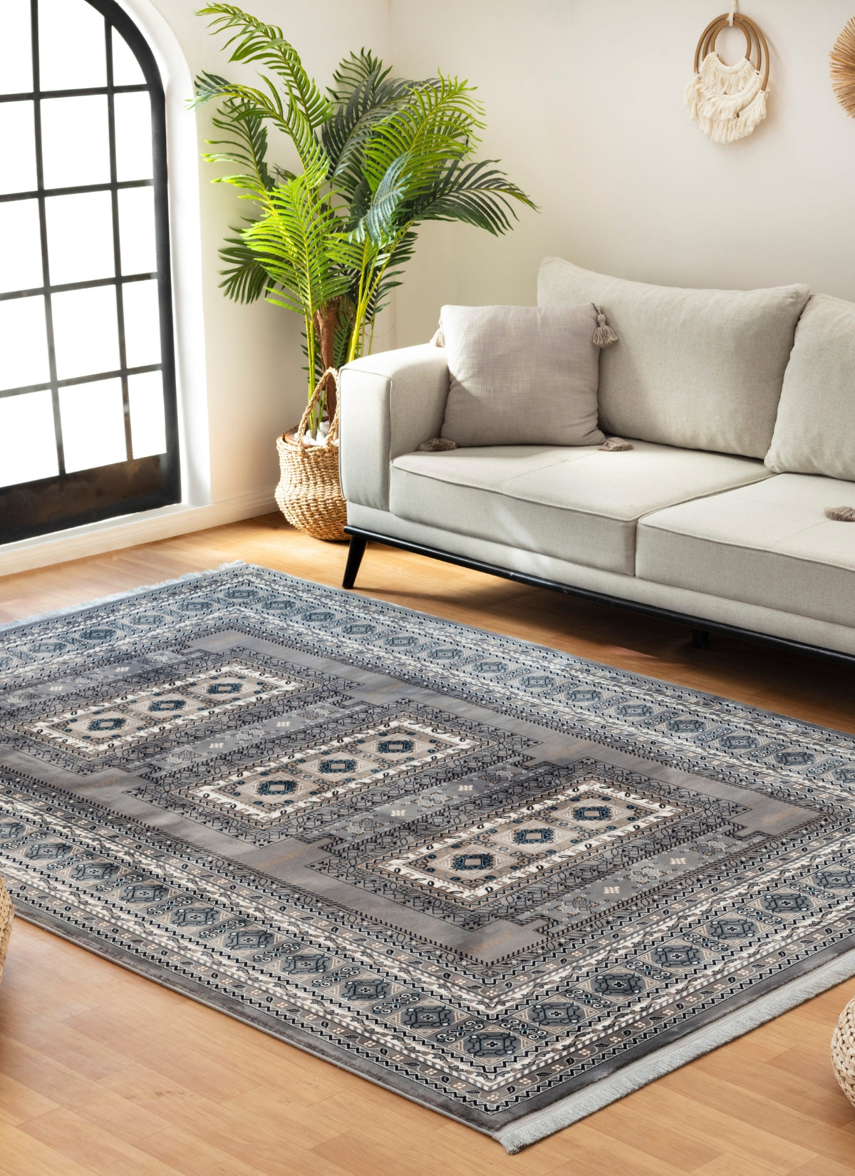Traditional Tribal Turkmen Geometric Panel Grey Area Rug & Runner – E851B Grey