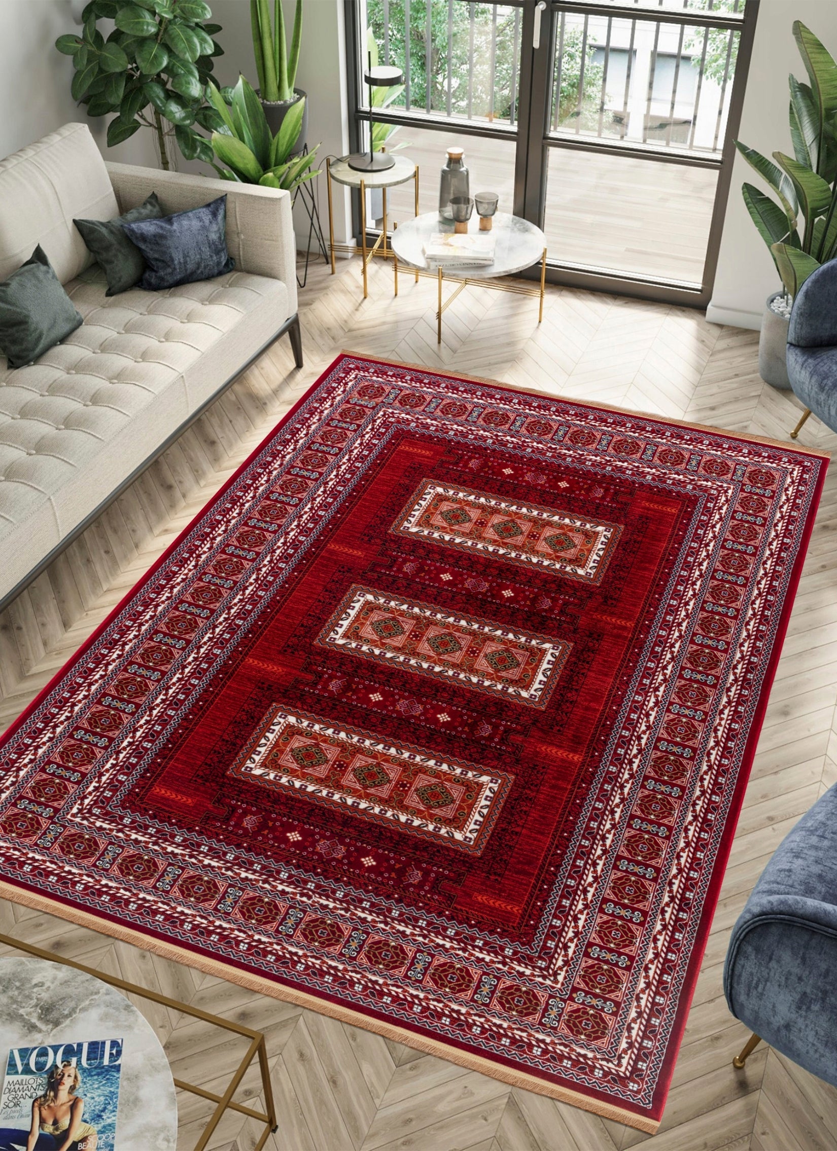 Traditional Tribal Turkmen Geometric Panel Red Area Rug & Runner – E851B Red