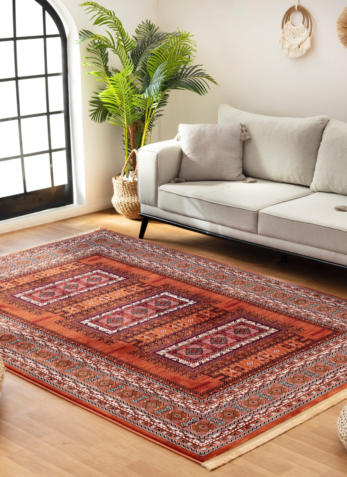Traditional Tribal Turkmen Geometric Panel Rose Area Rug & Runner – E851B Rose