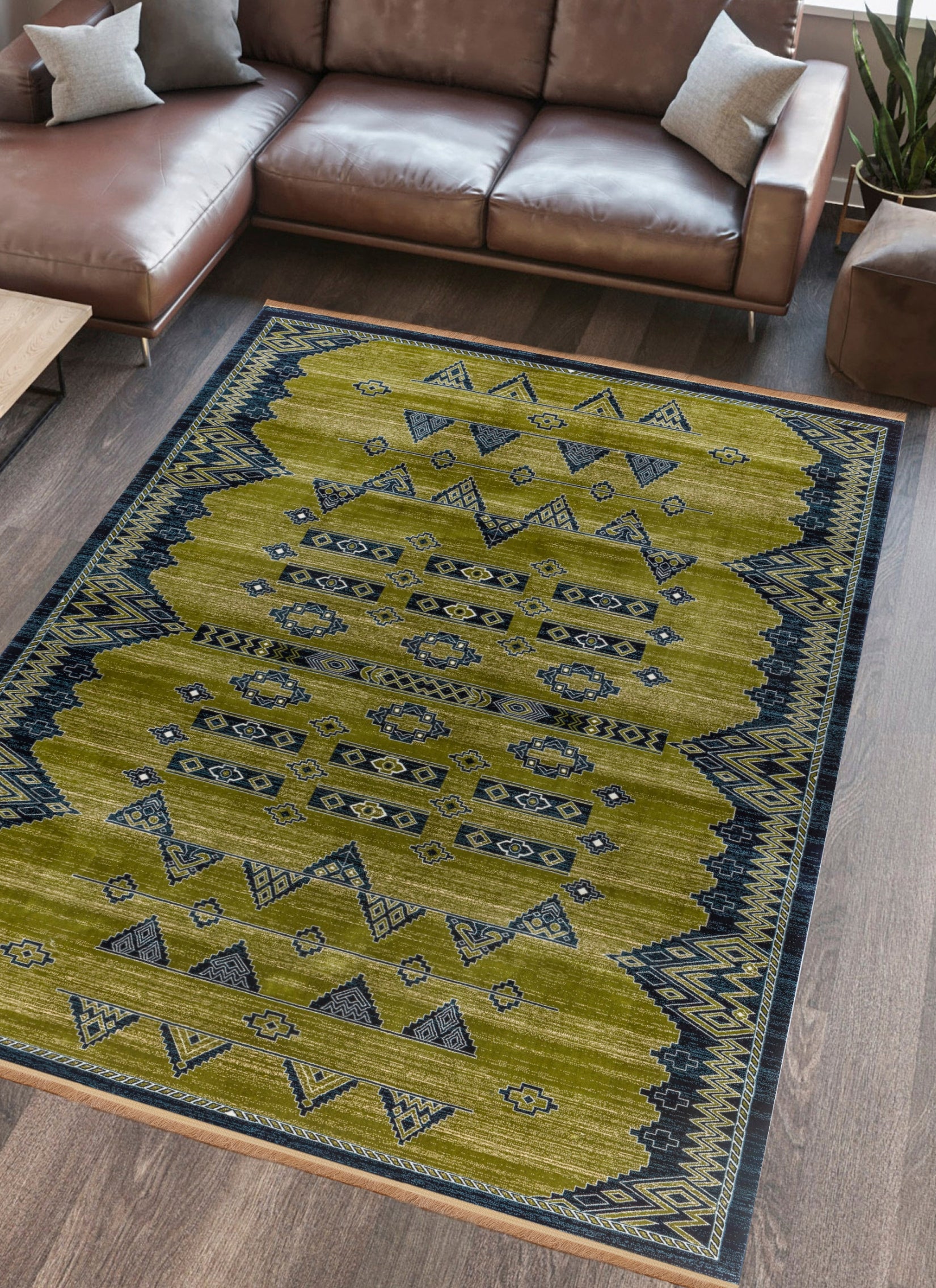 Traditional Tribal Southwestern Geometric Green & Navy Area Rug & Runner – E927A Green Navy