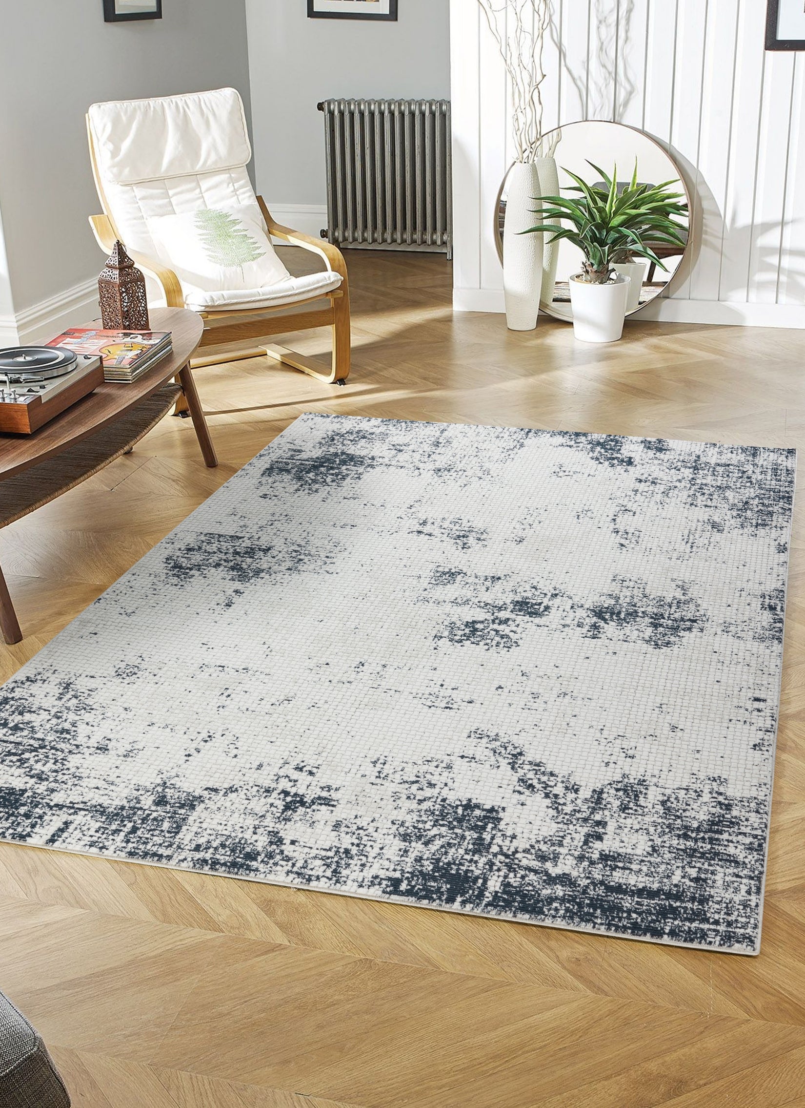 Modern Distressed Grid Textured Cream & Navy Area Rug & Runner – BT306 Cream Navy