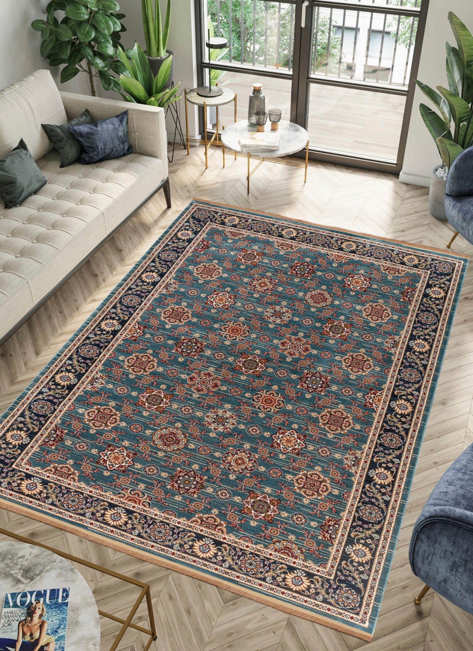 Traditional Persian All-Over Rosette Floral Bordered Blue Area Rug & Runner – D529B Blue