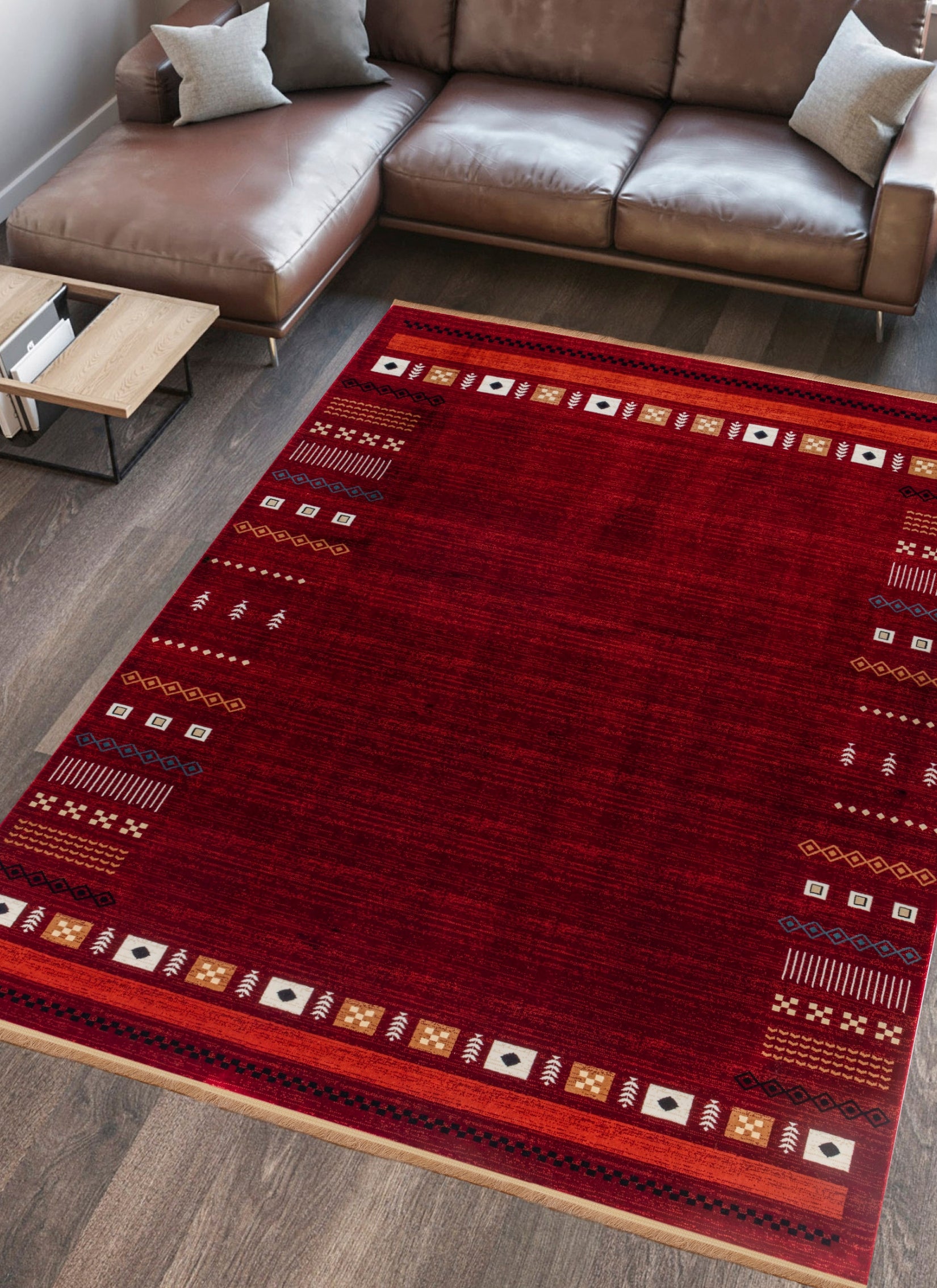 Modern Tribal Gabbeh Bordered Solid Red Area Rug & Runner – B744A Red