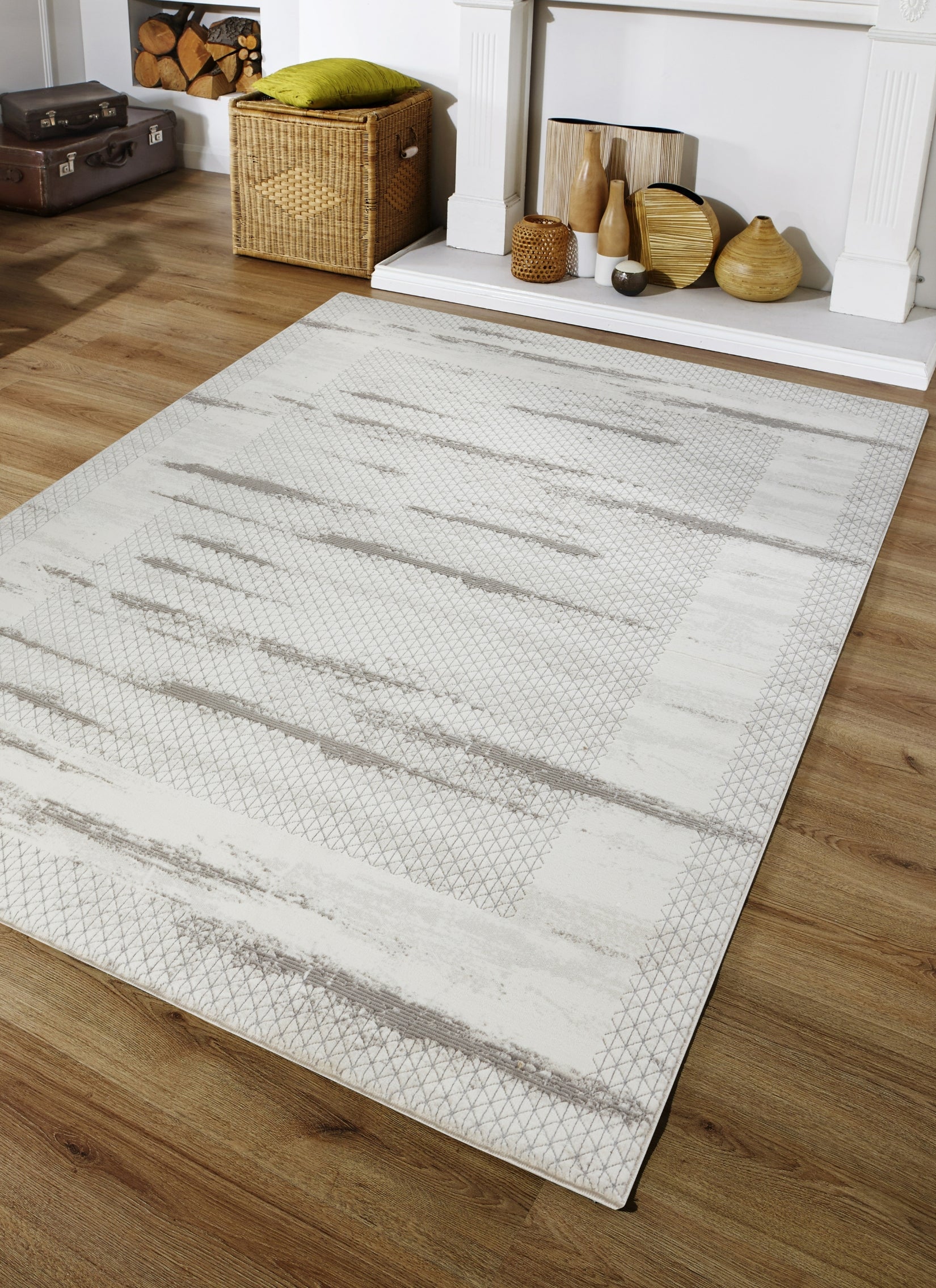 Modern Abstract Brushstroke Lattice Cream & Grey Area Rug & Runner – BT322 Cream Grey