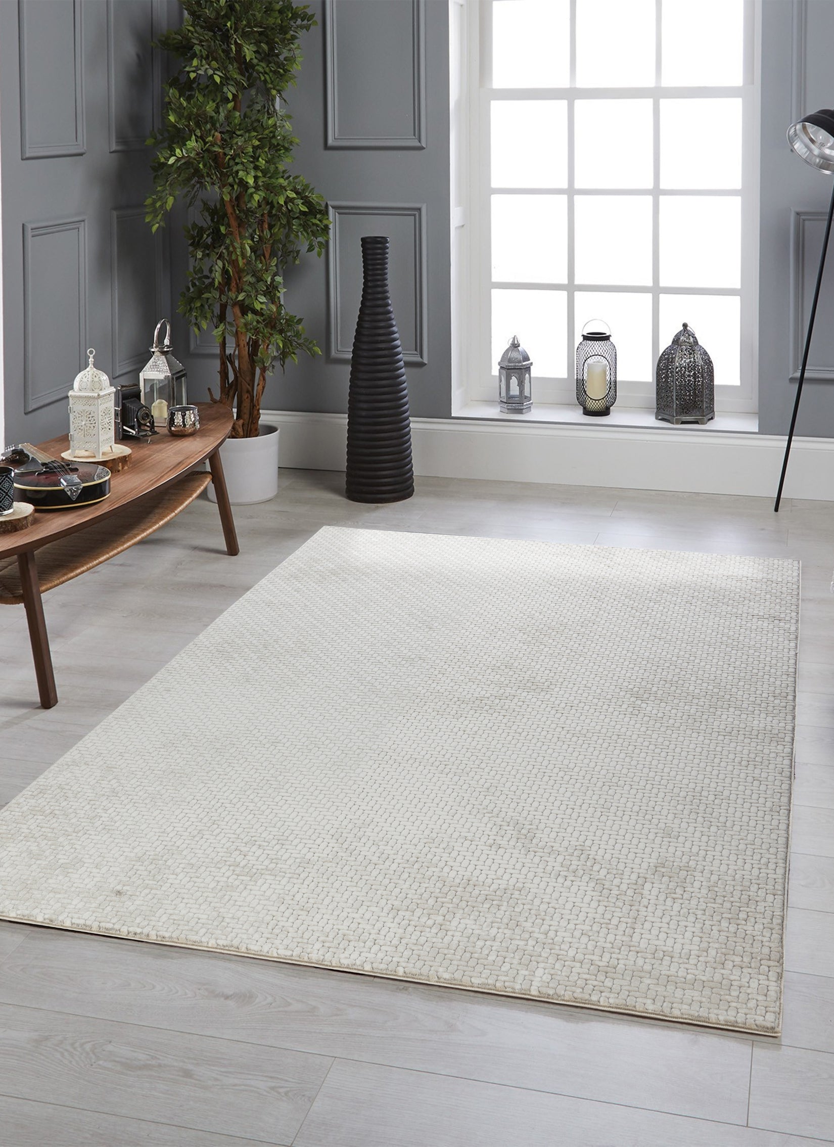 Modern Basketweave Textured Solid Cream & Grey Area Rug & Runner – BT321 Cream Grey