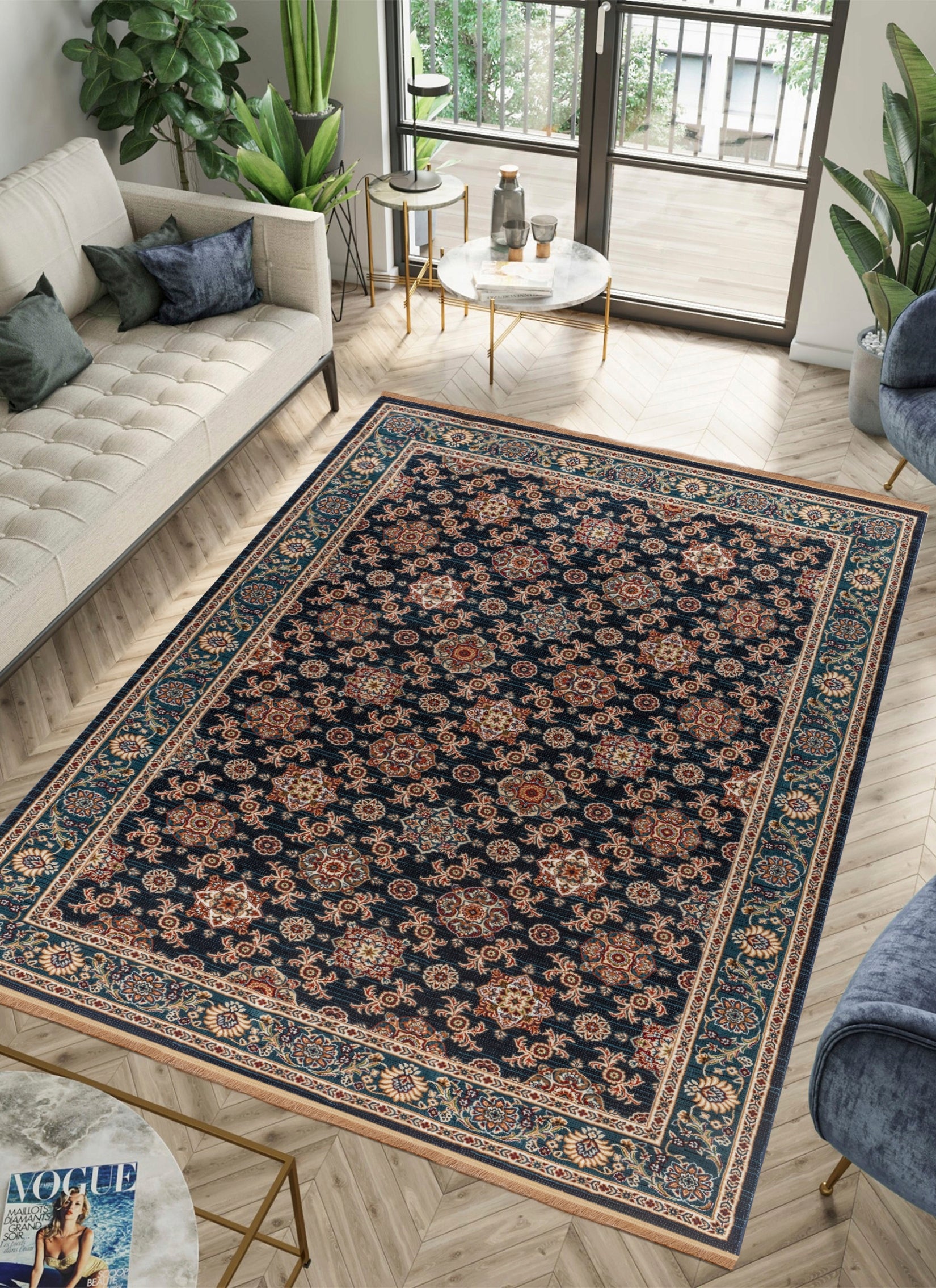 Traditional Persian All-Over Rosette Floral Bordered Navy Area Rug & Runner – D529B Navy